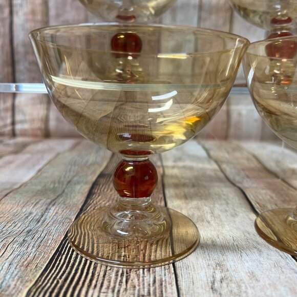 Hand Blown Ball Stem Sherbet Glasses~4~Gold Champagne Glass with Amber Ball Stem - Picture 2 of 6